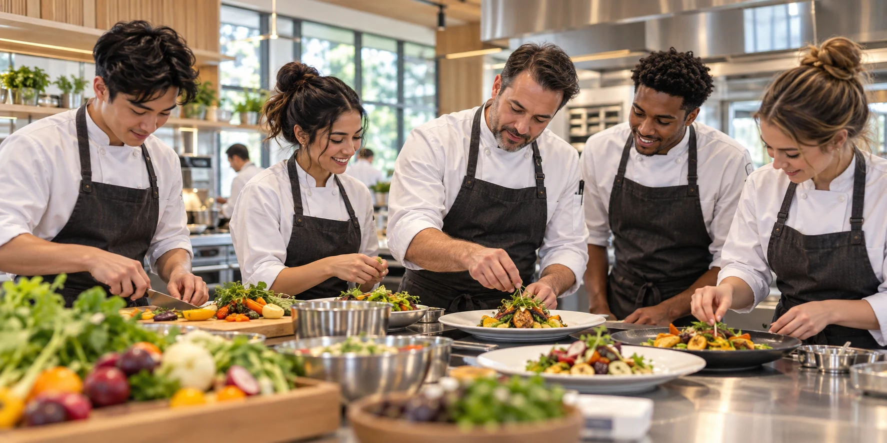 Illustrative culinary instruction with a chef and young adult learners