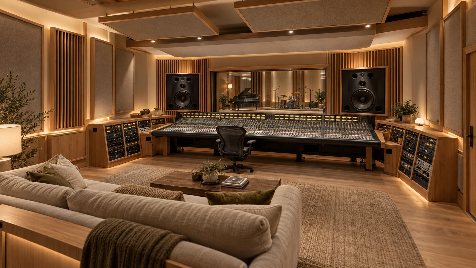 Studio A concept with white-oak finishes and suspended acoustic clouds
