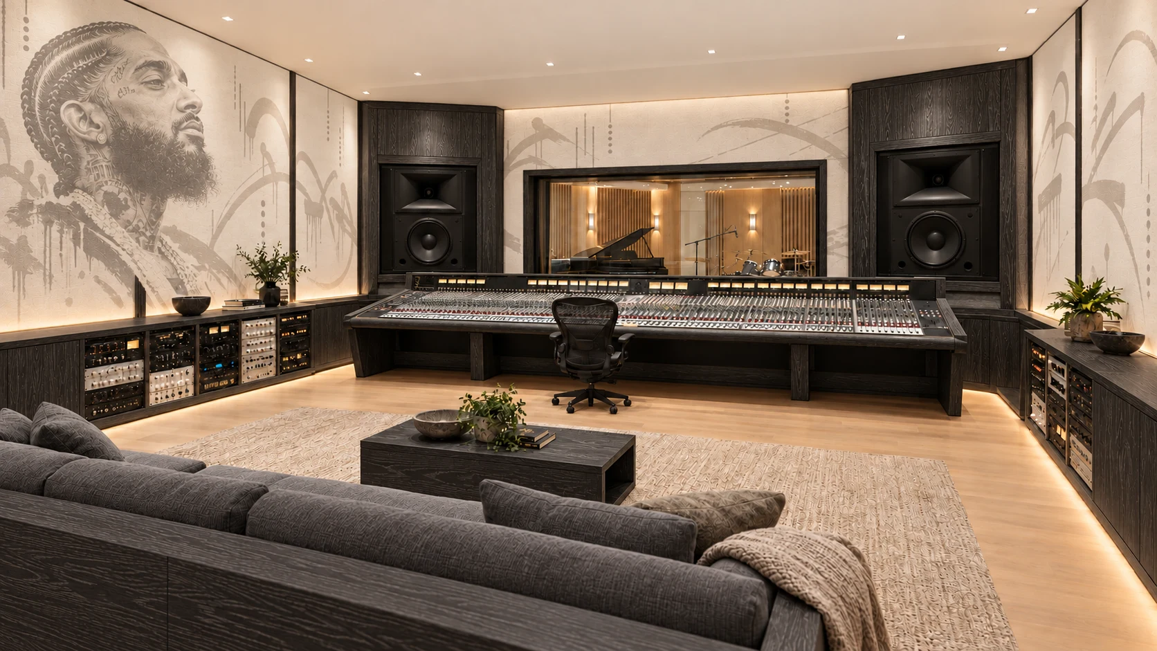 Studio B concept with black cerused oak, a Nipsey Hussle portrait mural, light fabric and charcoal seating